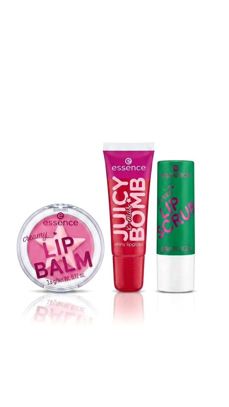 Essence lip care trio (lip scrub+lip balm+lipgloss)