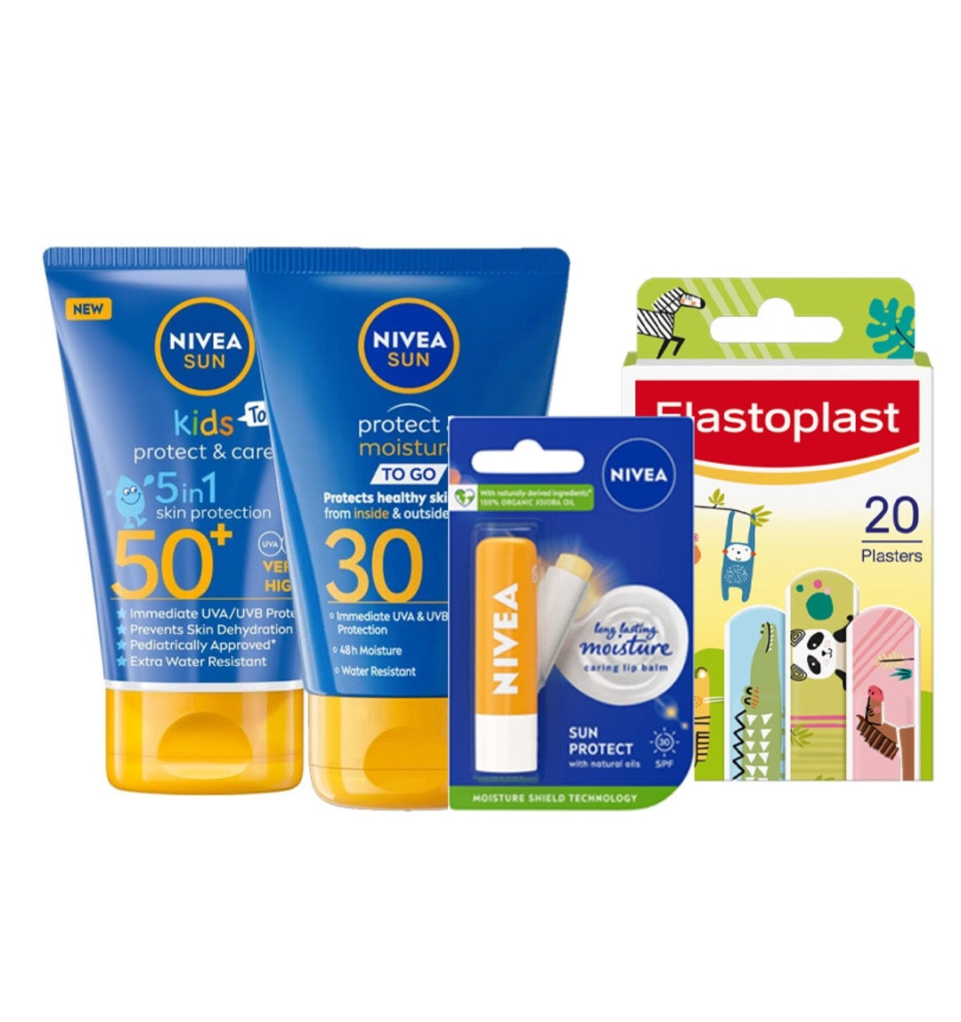 Nivea Family Day Out Essentials (Sun protect&Moisture to go spf30 + spf50 + lip balm + animal plasters )